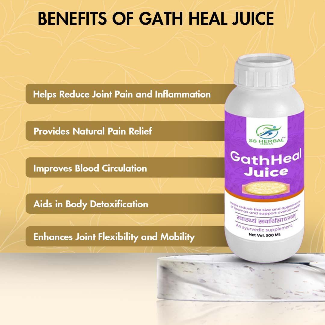 GathHeal Juice benefits panel with the 500 ml bottle