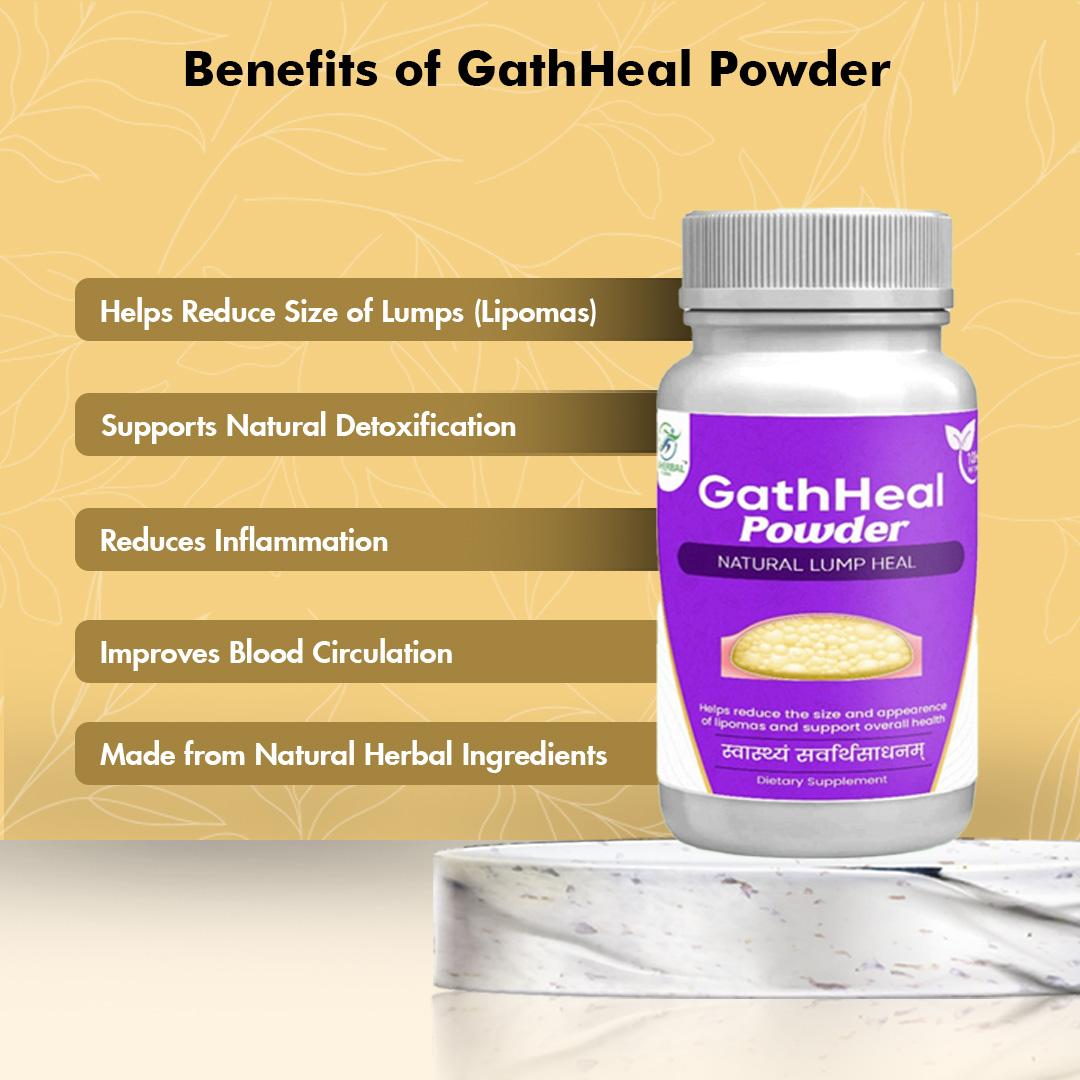 GathHeal Powder benefits panel with the pack