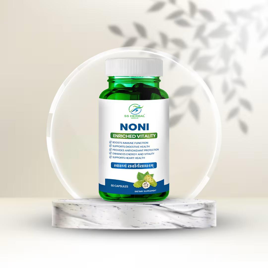 SS Herbal Noni Capsules, 60-capsule green bottle on a marble stand