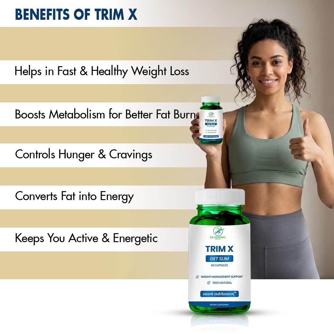 TrimX Get Slim Capsules key benefits panel with the 60-capsule bottle