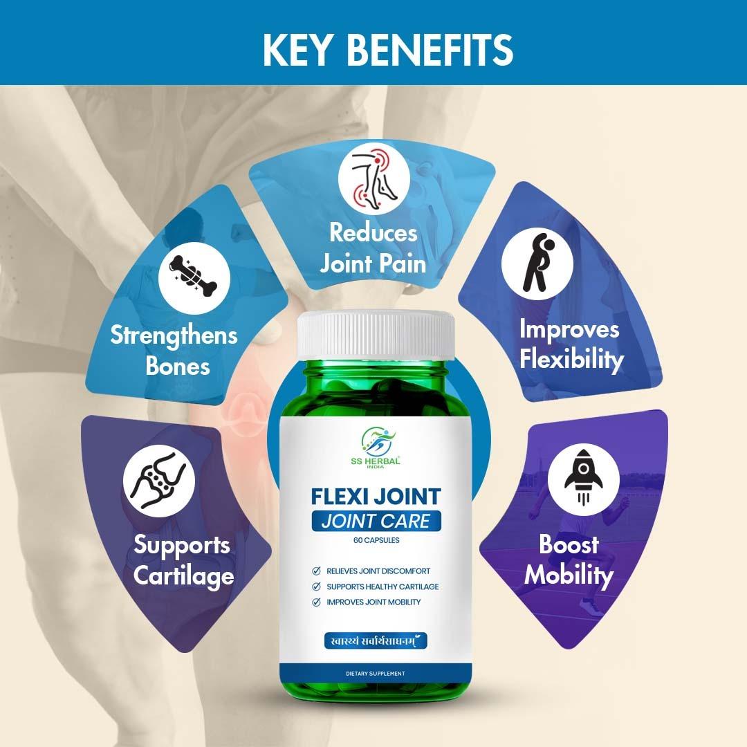 FlexiJoint Capsules key benefits panel with the 60-capsule bottle