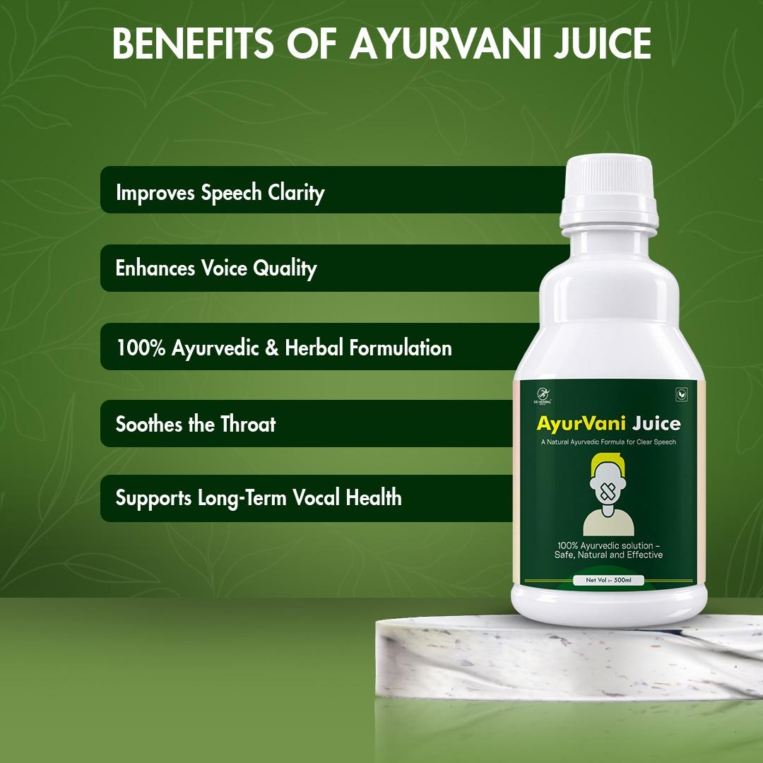 AyurVani Juice benefits panel with the 500 ml bottle